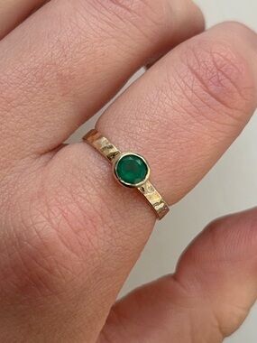 Sterling Silver Hammered Two Tone Ring with Green Bezel Set Gemstone